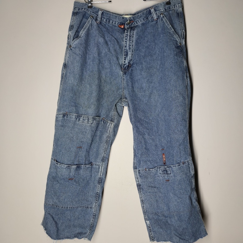 Vintage IOU Baggy Blue Denim Jeans Size 40x33 Y2K Skater Embroidered 2000s